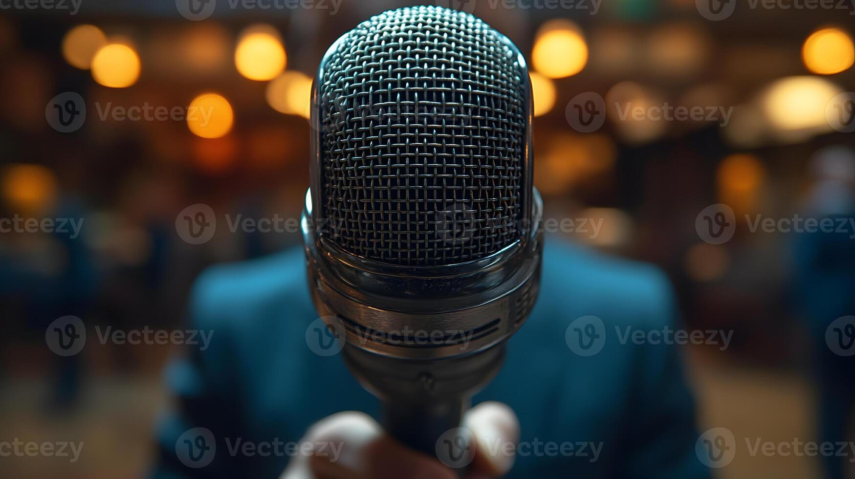 A journalist holding a microphone and asking questions at a press conference, symbolizing the importance of press freedom, 8K high resolution with copy space photo