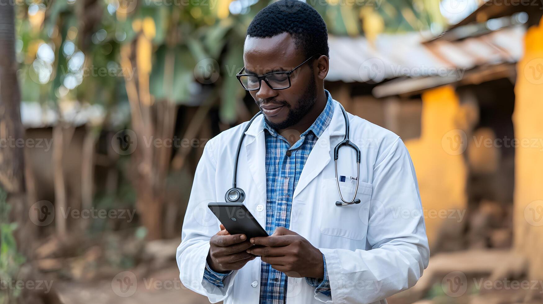 A rural healthcare worker using a smartphone to access medical information, promoting digital health access photo