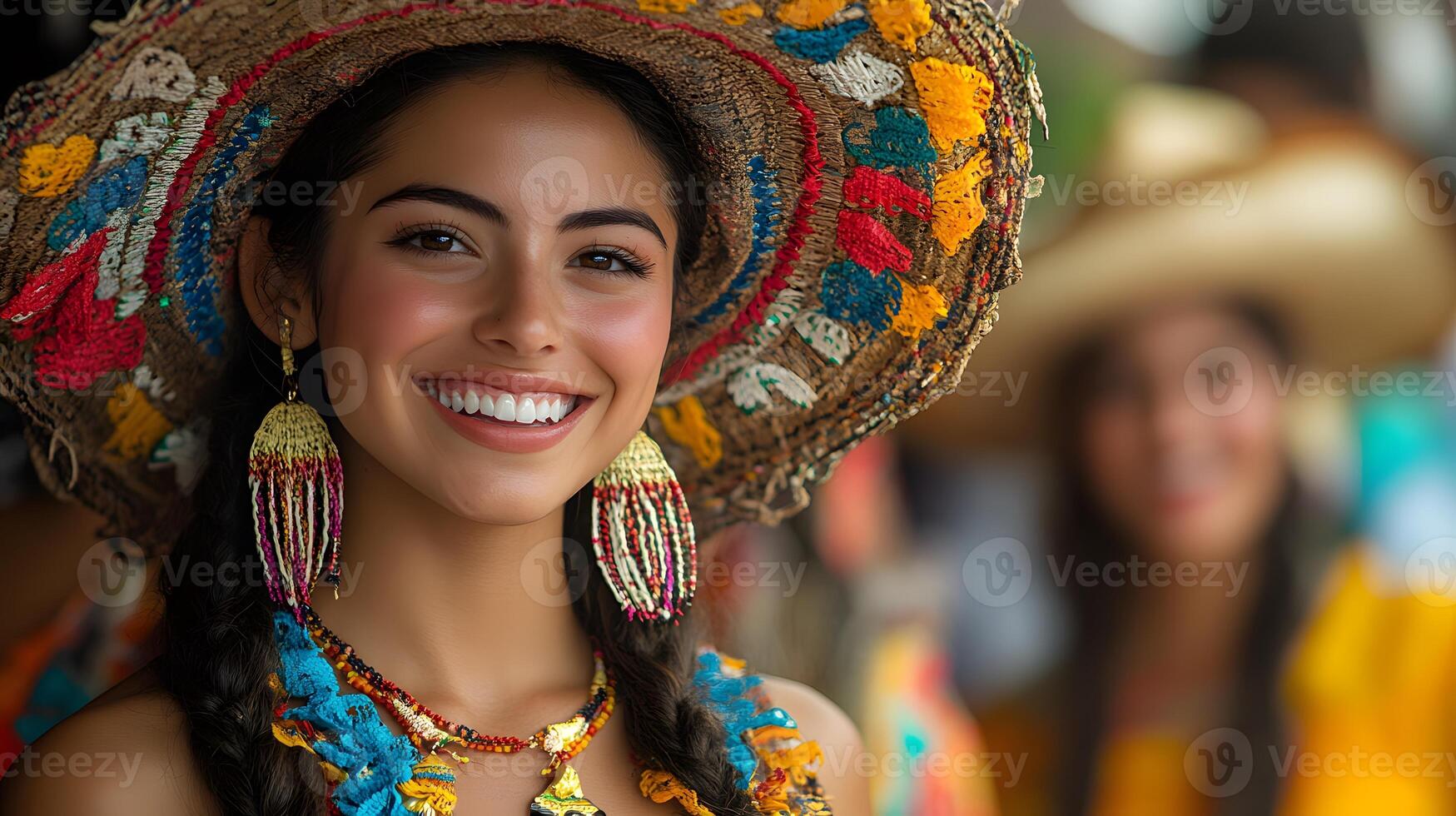 A colorful festival scene with people in traditional attire from different cultures, celebrating diversity together photo