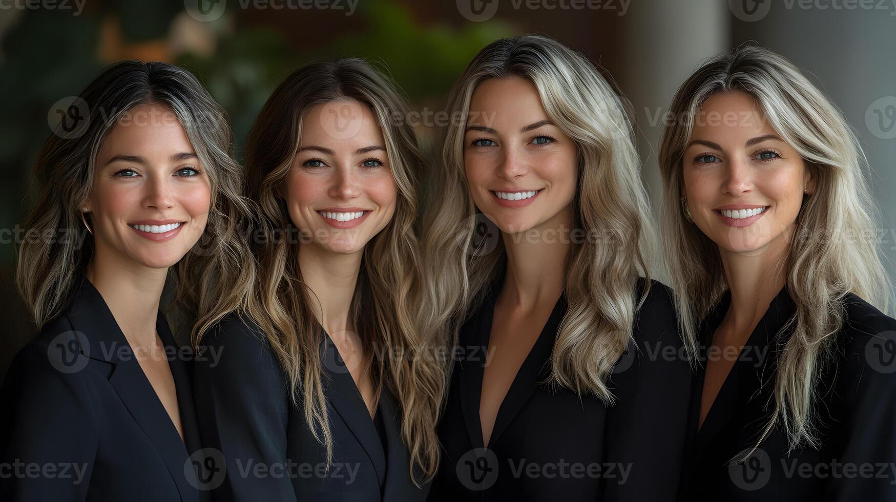 Women in business attire smiling and supporting each other in a corporate setting, gender equality in the workplace, 8K high resolution with copy space photo