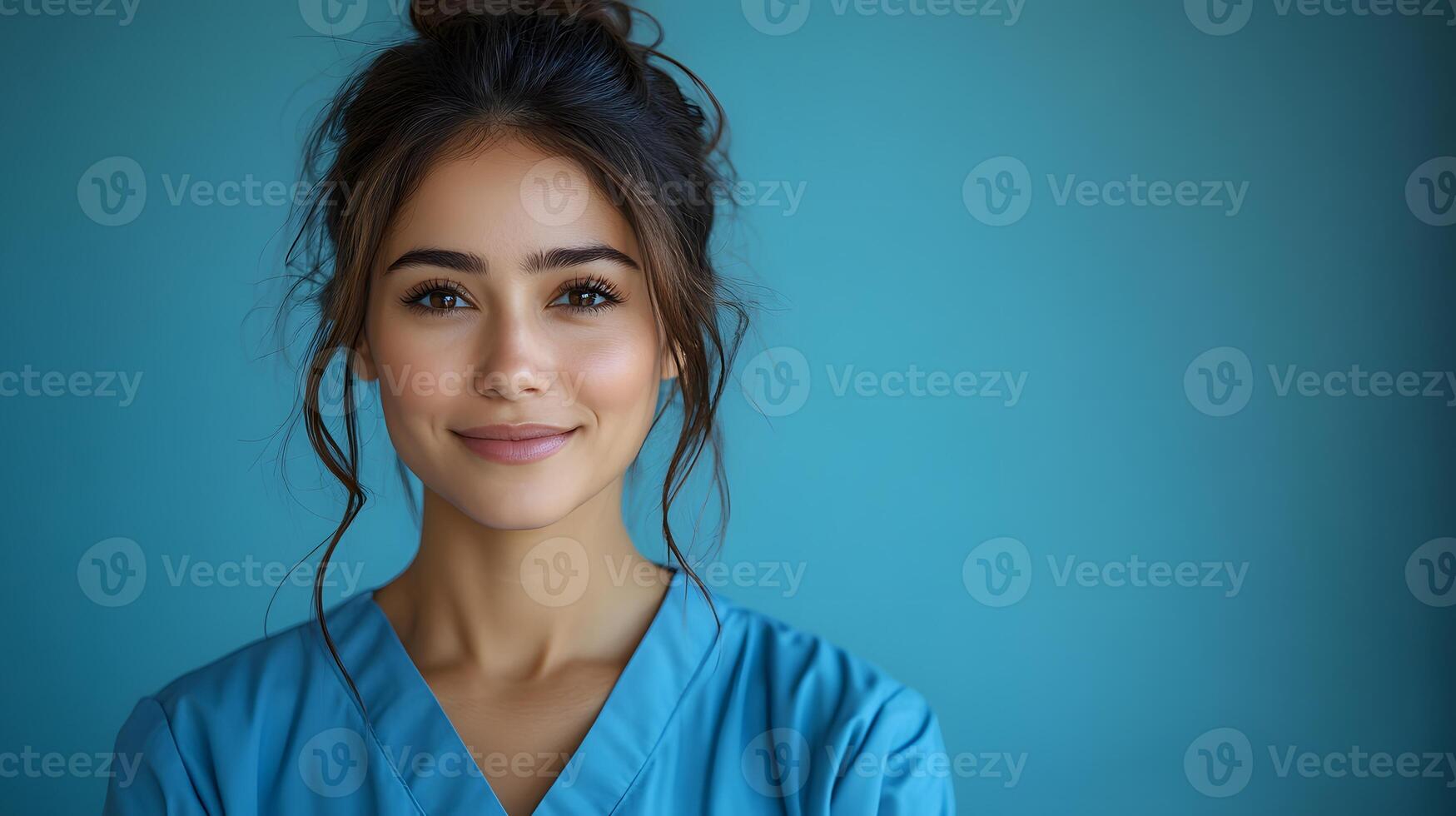 A healthcare worker standing tall in their uniform, promoting labor rights and the dedication of essential workers, 8K high resolution with copy space photo