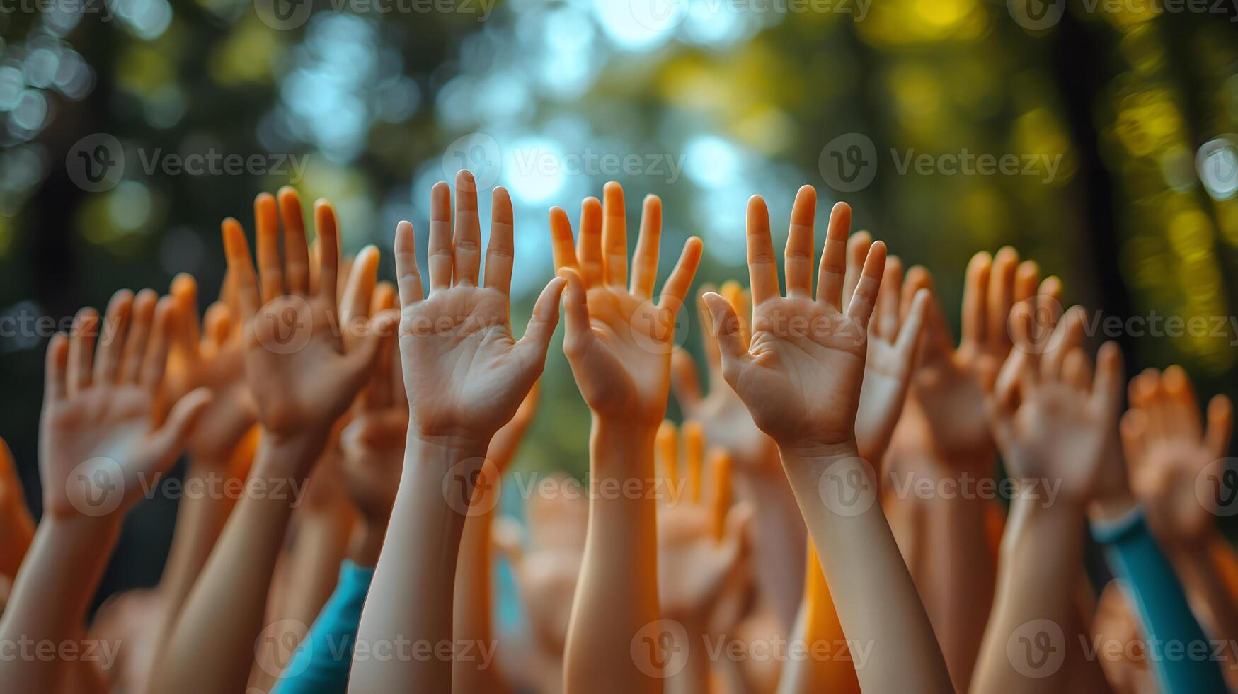 Diverse hands reaching out together, symbol of unity against racial discrimination, bright and hopeful background, 8K high resolution with copy space photo