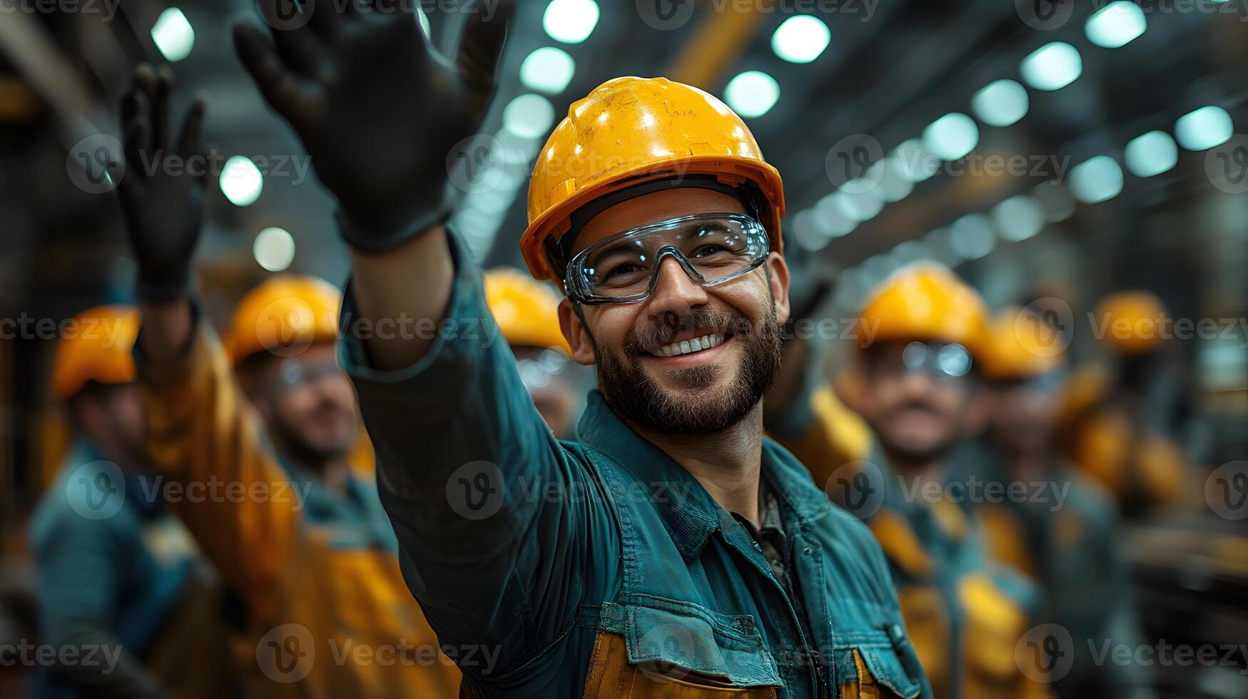A team of factory workers high-fiving after completing a successful project, symbolizing labor pride and achievement, 8K high resolution with copy space photo