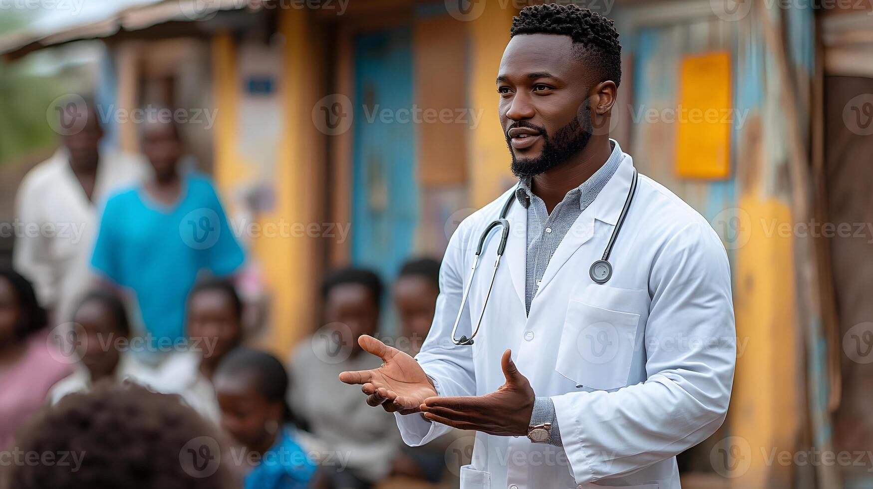 A healthcare worker educating a group of people on preventive health measures, 8K high resolution with copy space photo