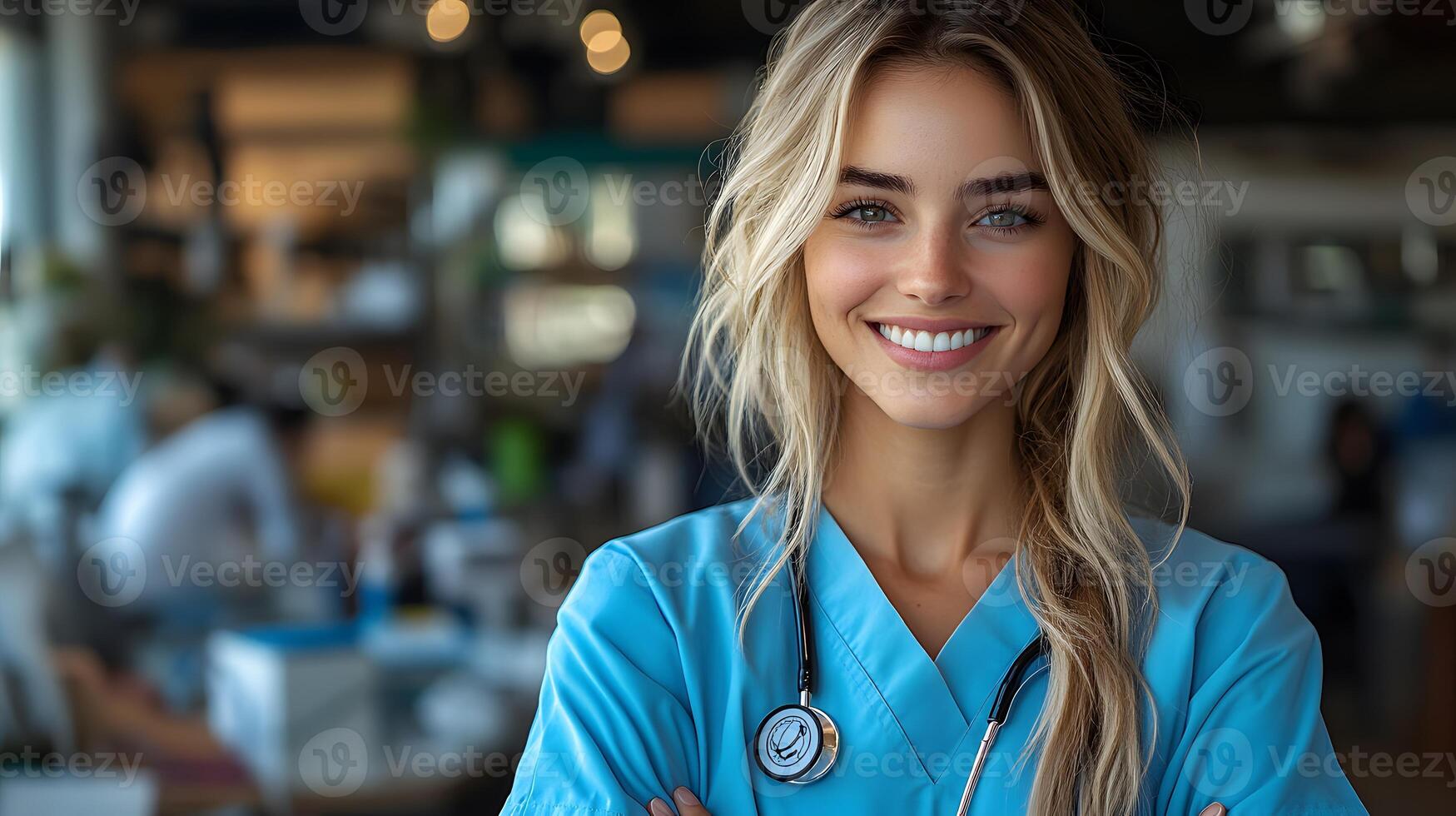 A healthcare worker standing tall in their uniform promoting labor rights and the dedication of essential workers, 8K high resolution with copy space photo