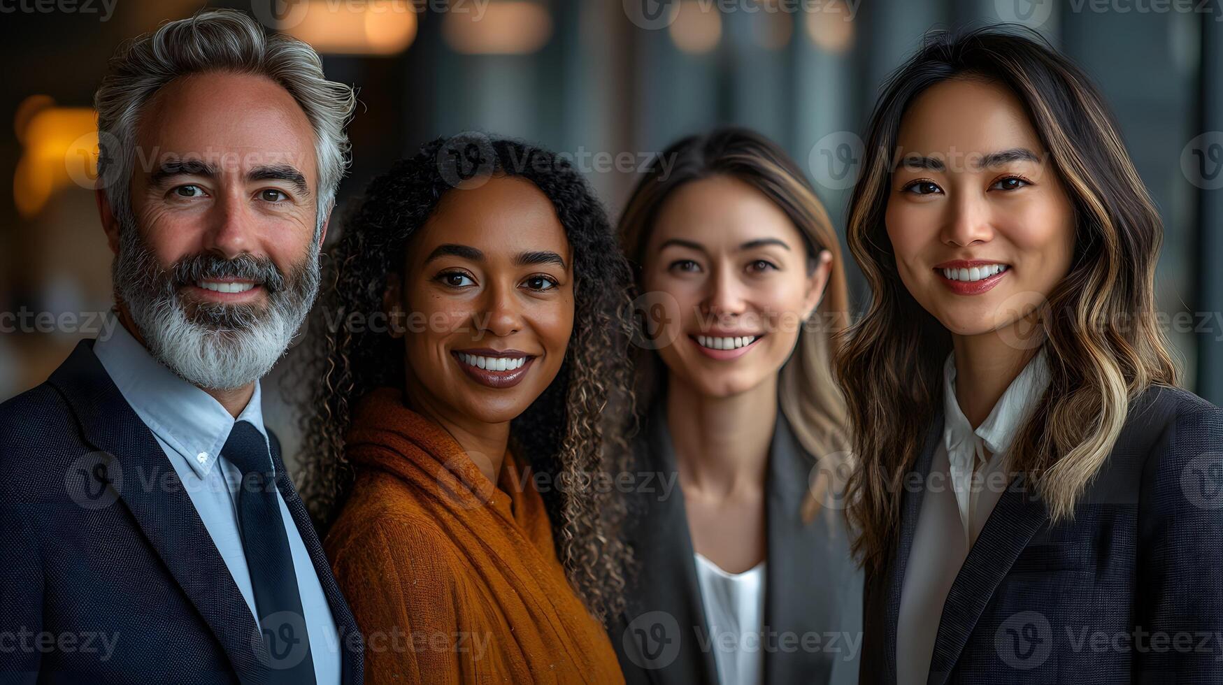 Group of professionals from various cultural backgrounds collaborating in an office, teamwork and inclusivity, modern corporate setting, 8K high resolution with copy space photo