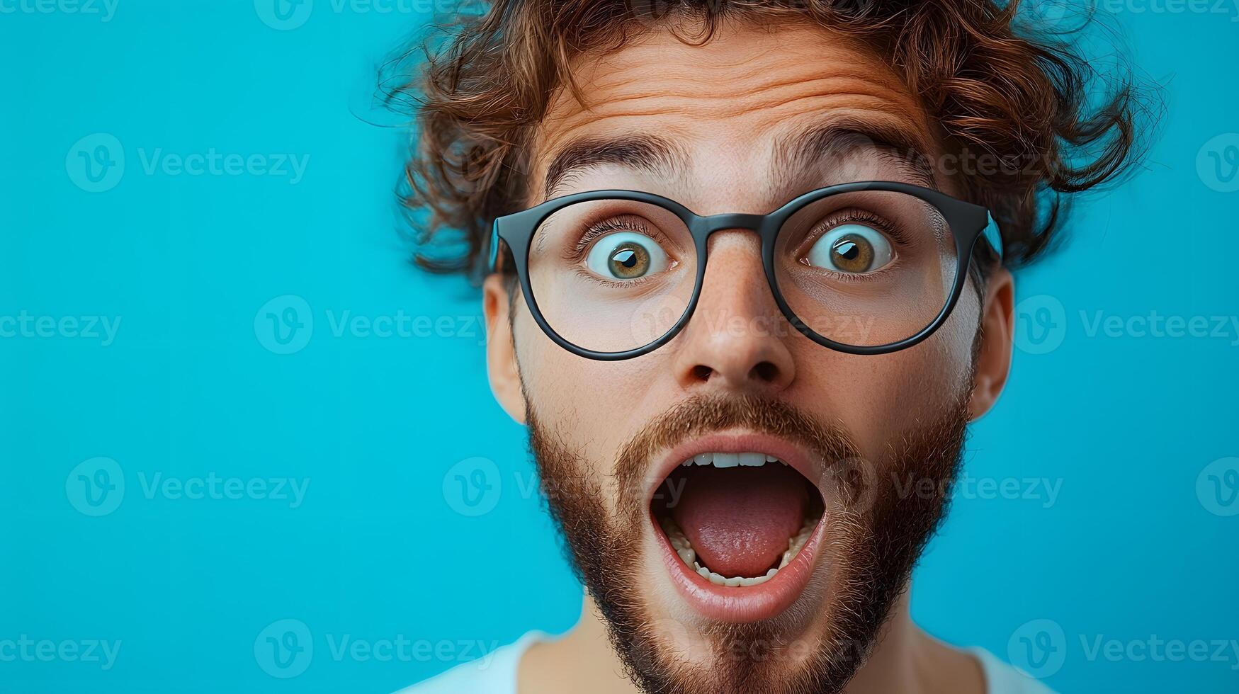 A person with a funny surprise expression after being pranked on April Fools Day, 8K high resolution with copy space. photo