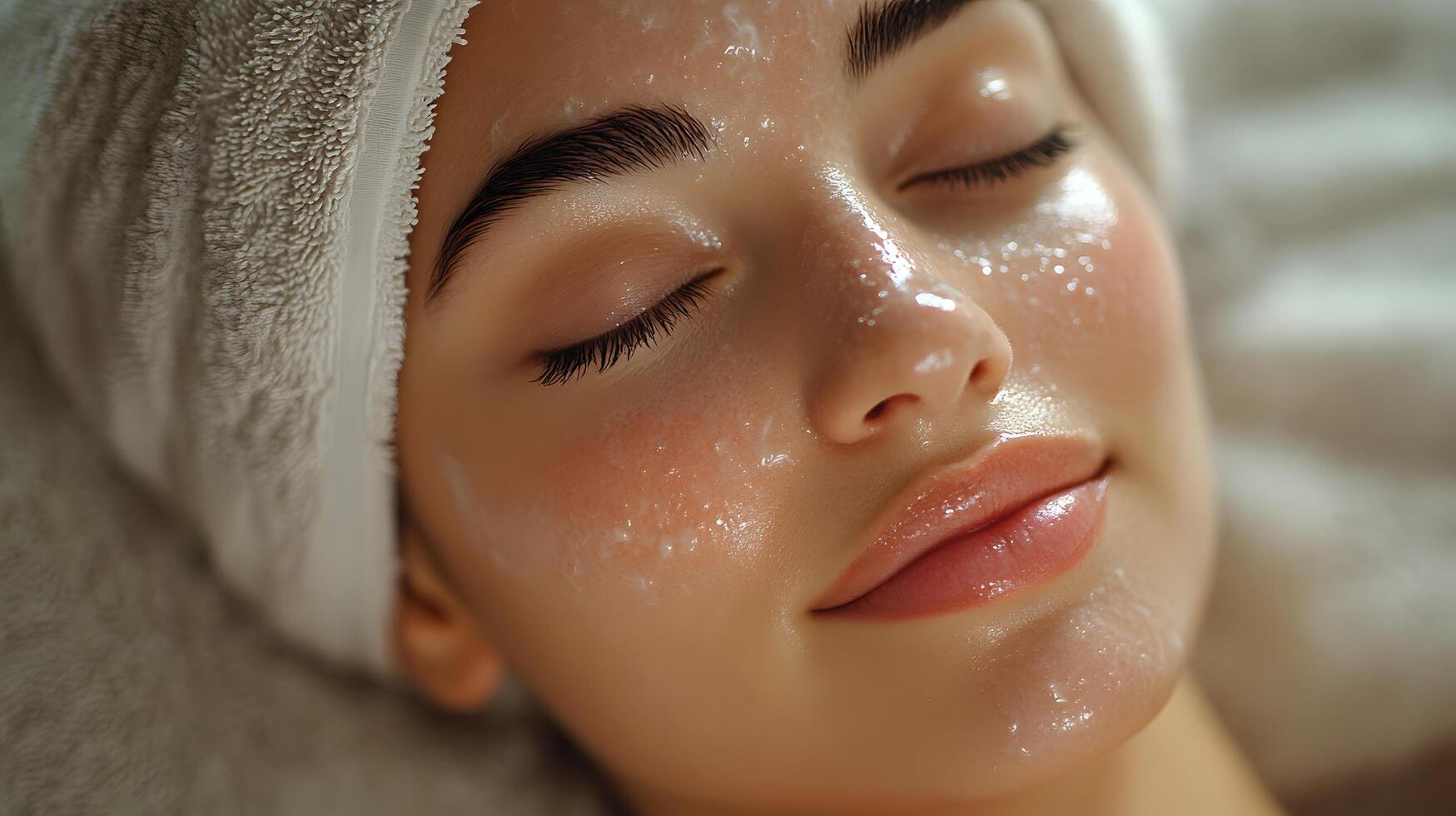 A person receiving a soothing facial treatment with soft lighting, clean background for copy. photo