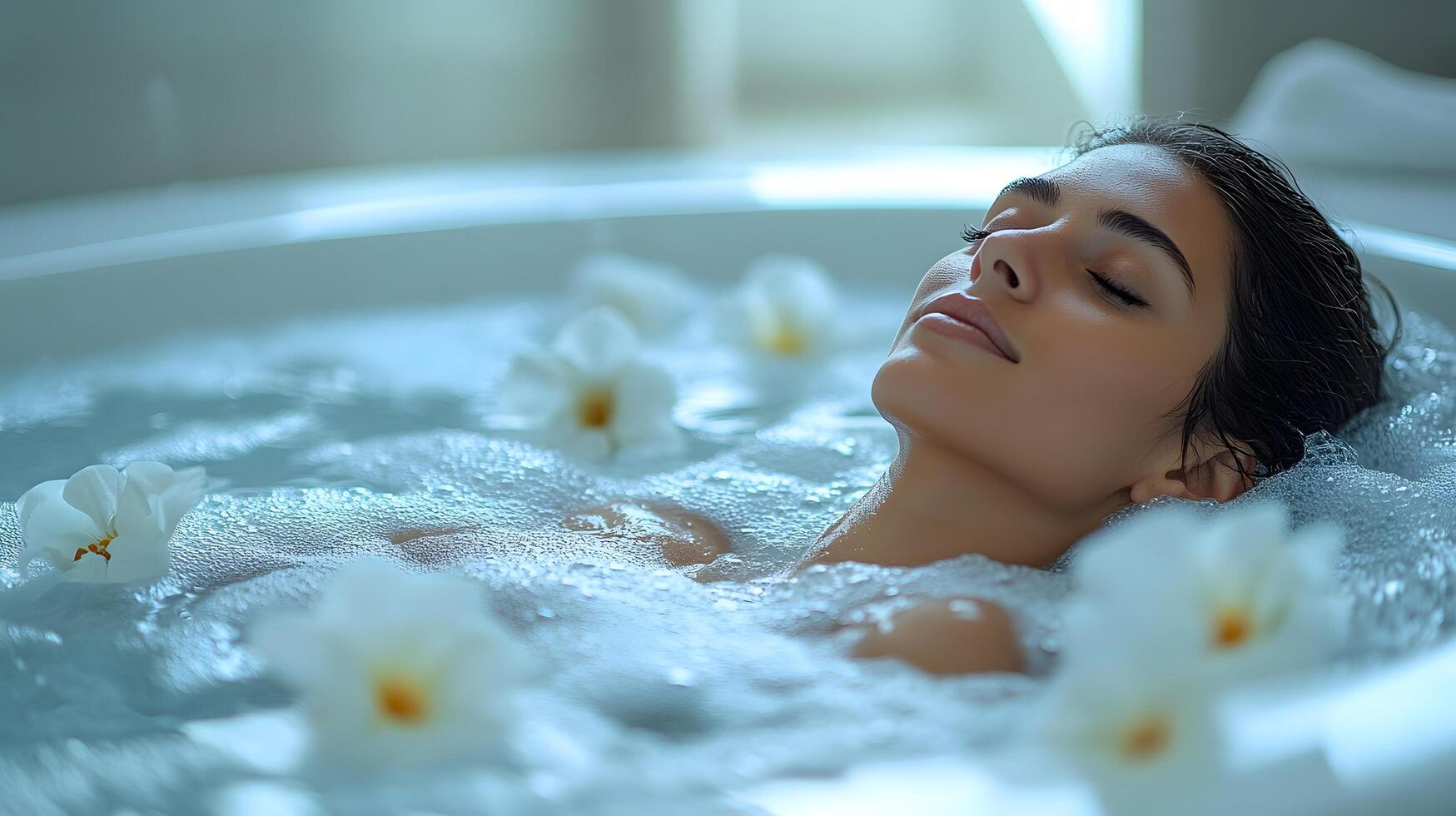 High-definition shot of a person relaxing in a spa bath, with a peaceful atmosphere and clear space for text. photo