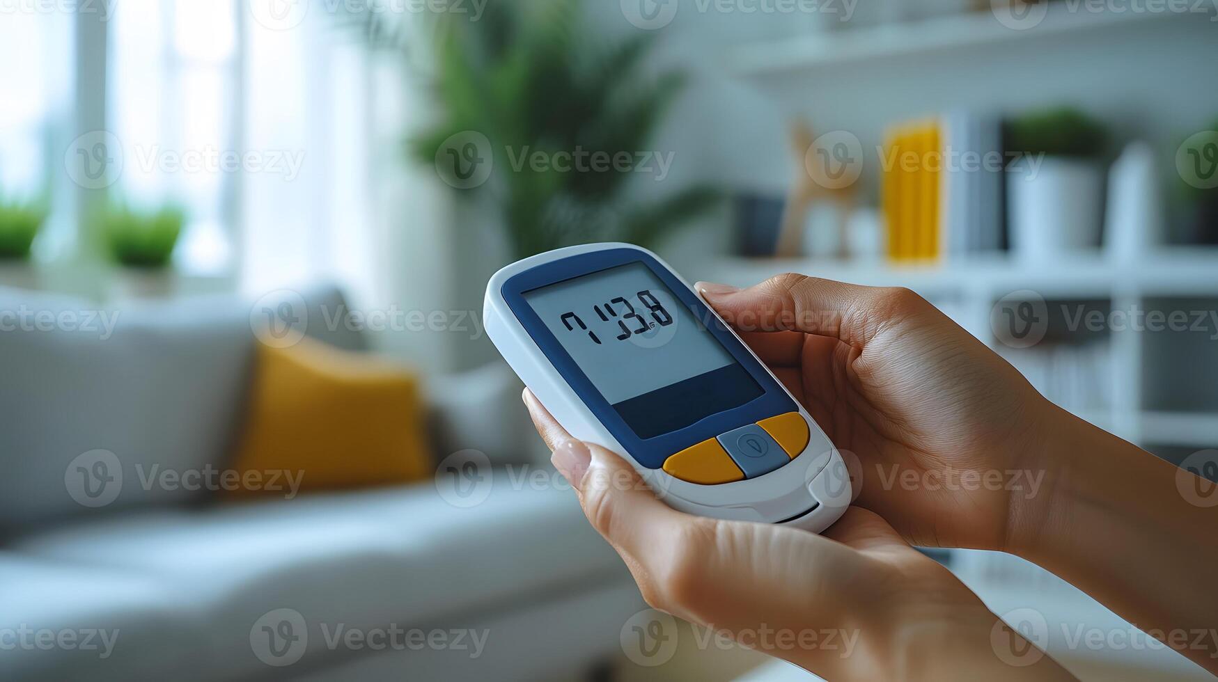 A lifestyle shot of a person checking their blood glucose levels at home, with a soft, neutral background and copy space. photo