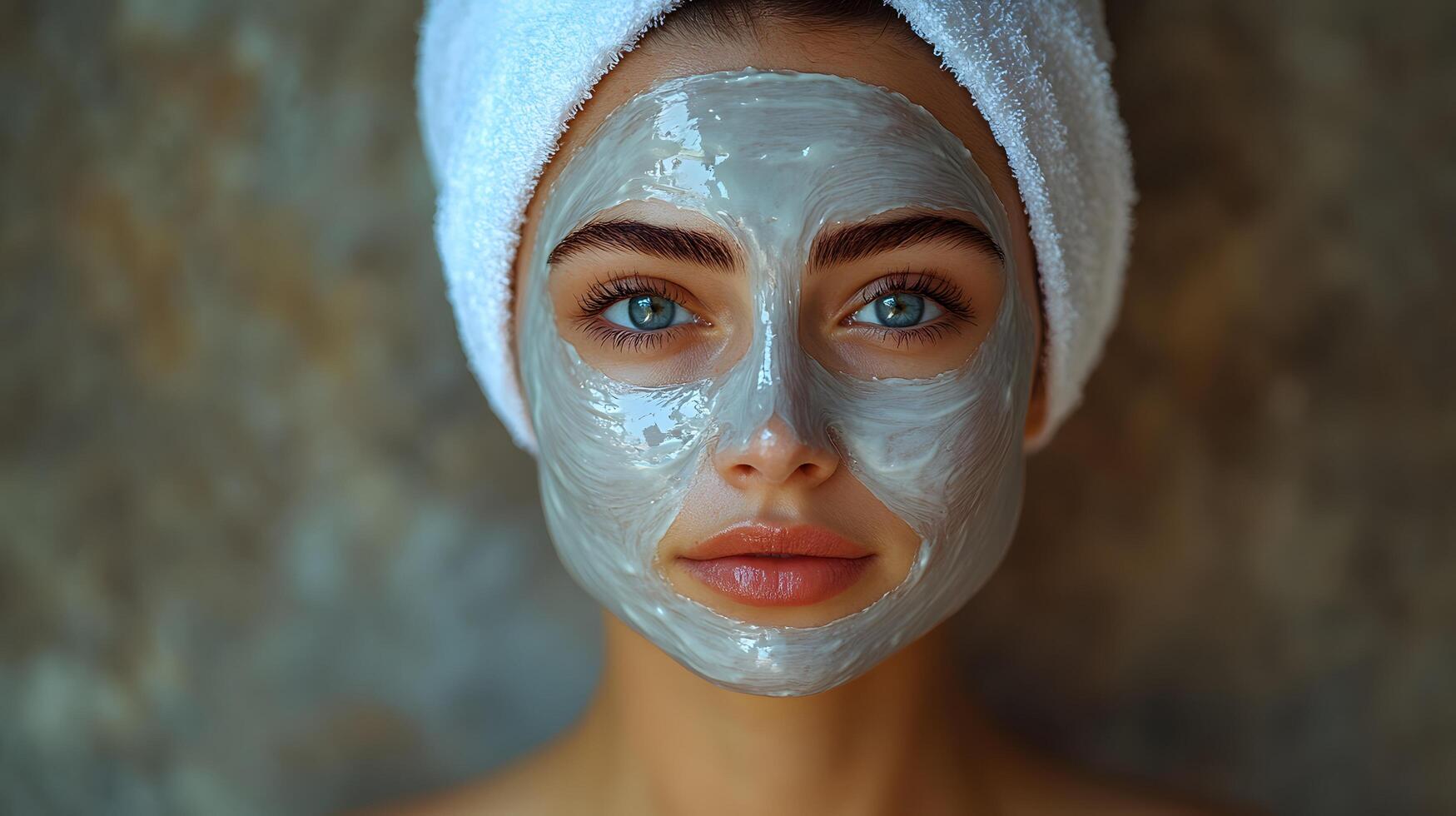 Close-up shot of a woman applying a moisturizing face mask in a calm, clean environment, with copy space. photo