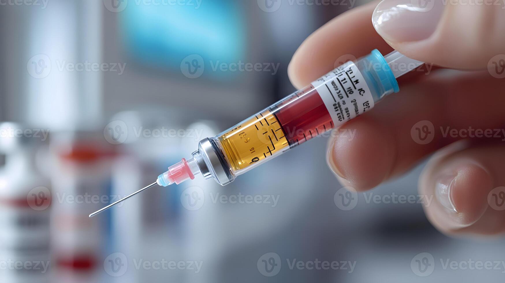 A close-up of a person inserting a new insulin pump with focus on the device, and a blurred background with space for text. photo