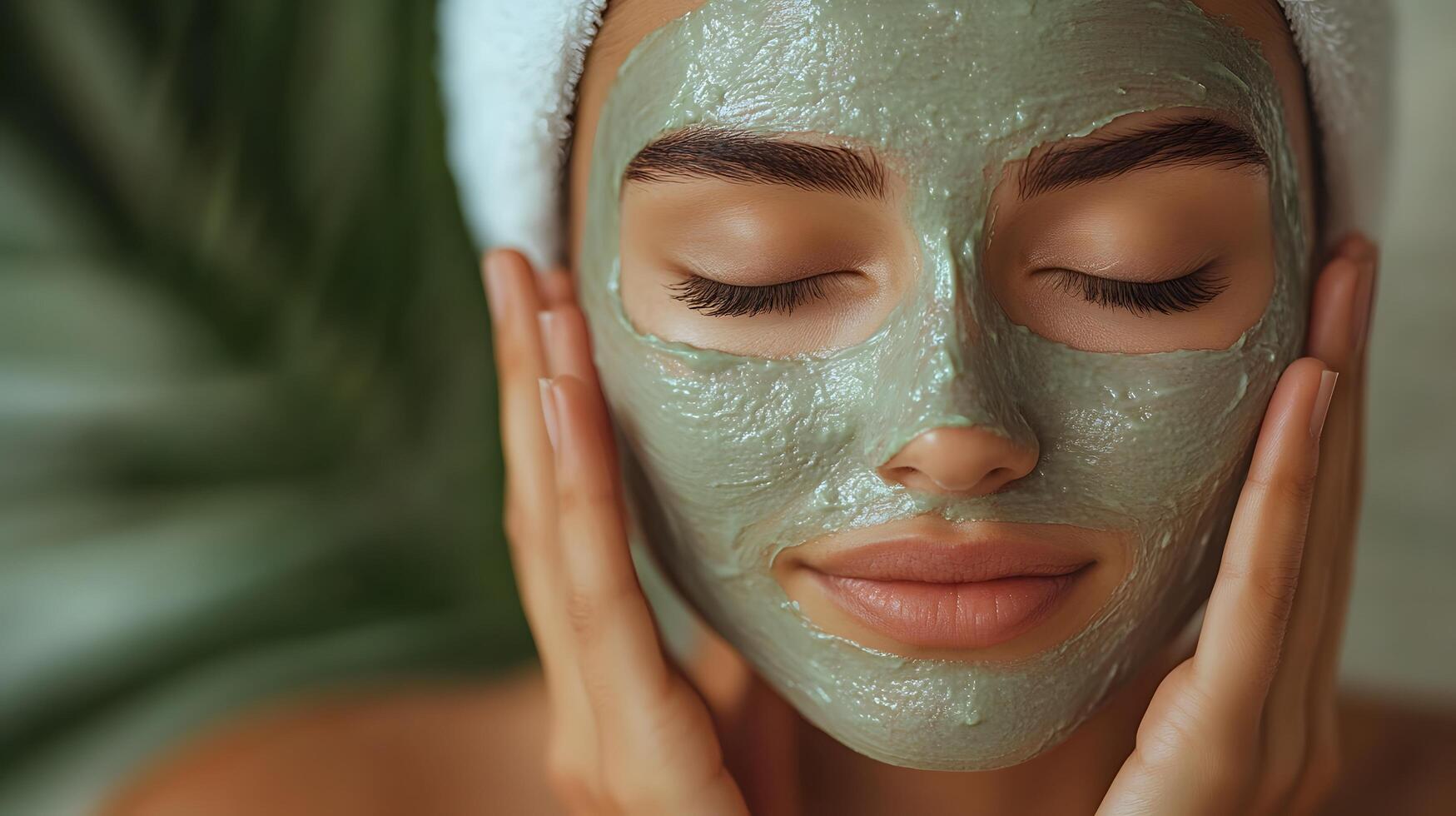 Close-up of hands applying face mask to the skin, relaxing self-care ritual with clean background. photo