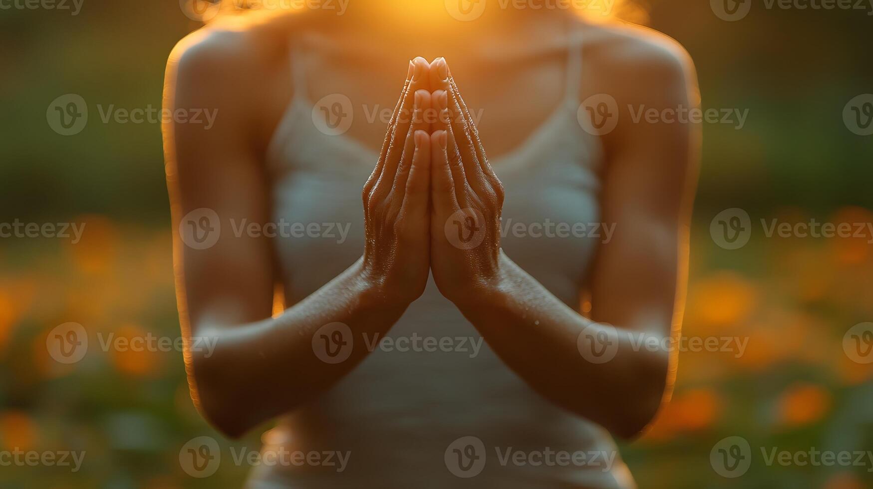 a persons hands in a prayer pose during meditation, soft and soothing background with room for messaging photo