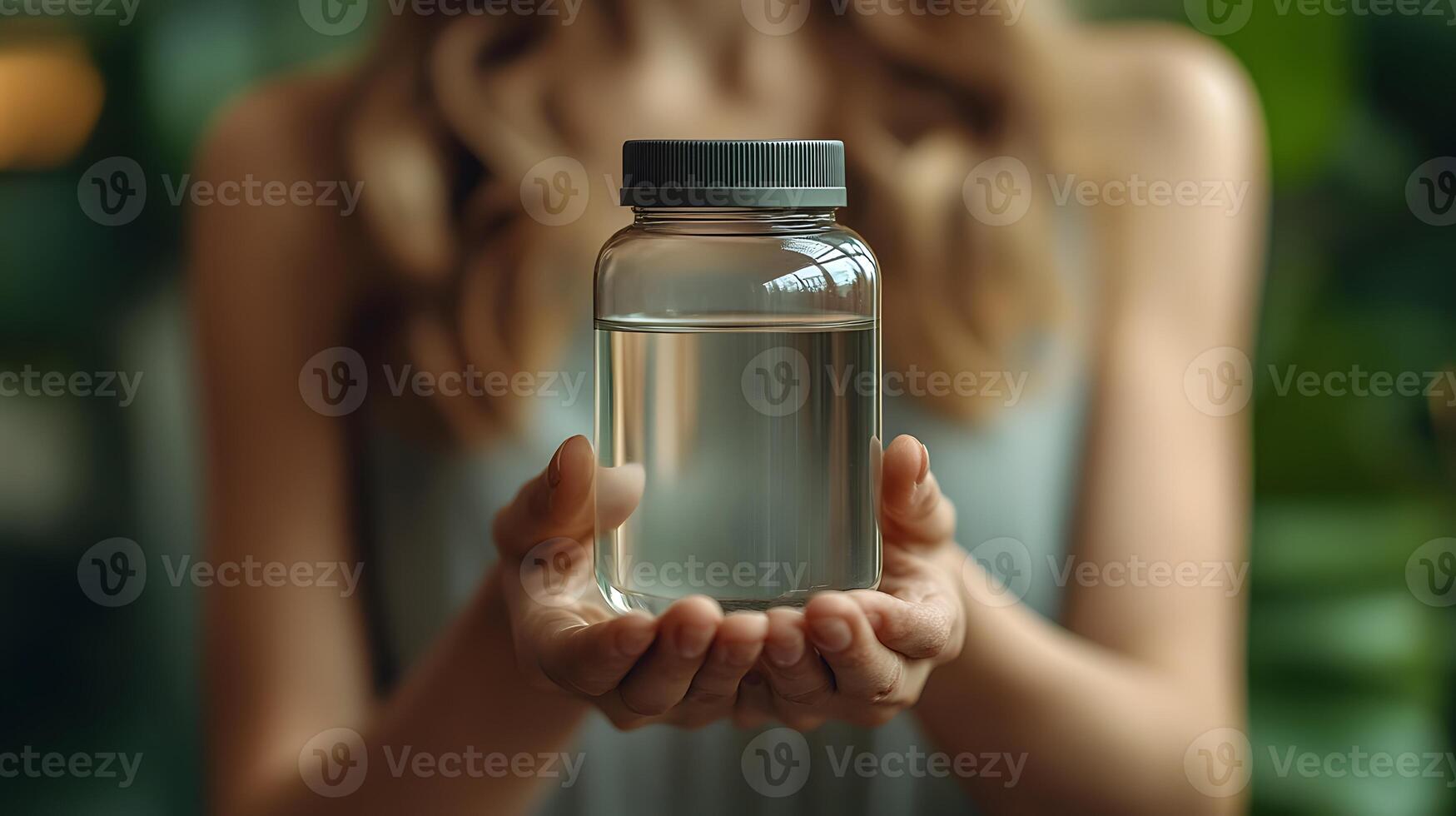 Person holding a bottle of probiotics in one hand, preparing to take it with a glass of water, clear background for copy photo