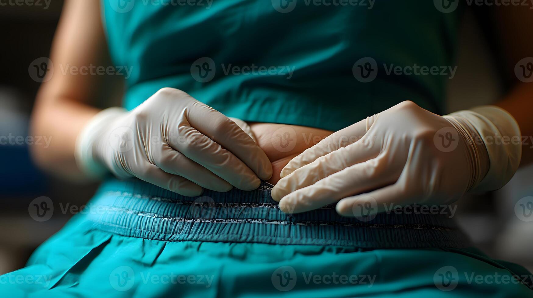 person undergoing liposuction on the abdomen area, medical professional working in a clinical environment, ample space for messaging. photo