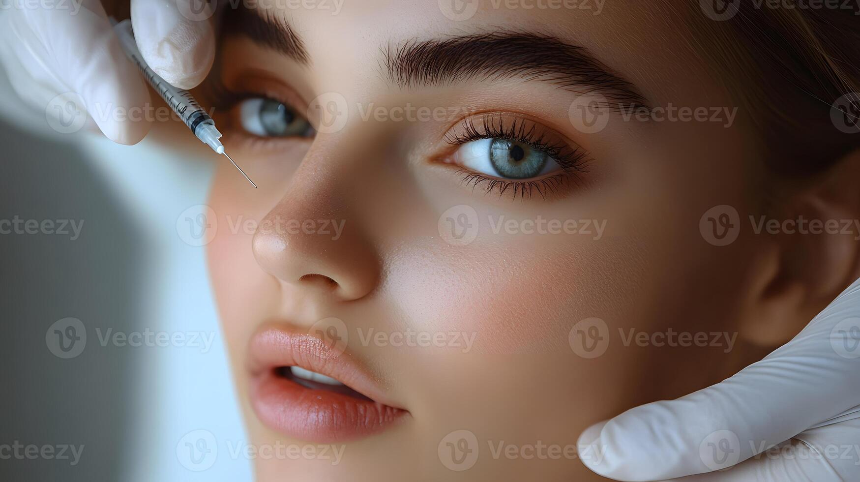 Close-up of a womans face with a Botox injection procedure, smooth skin, soft lighting, room for copy. photo