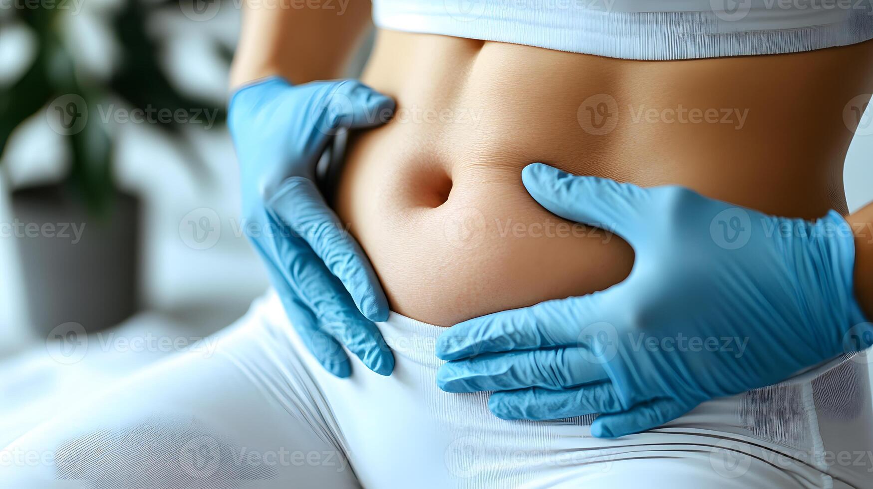 Close-up of a patients abdomen area being treated with liposuction, soft background, room for branding or messaging. photo