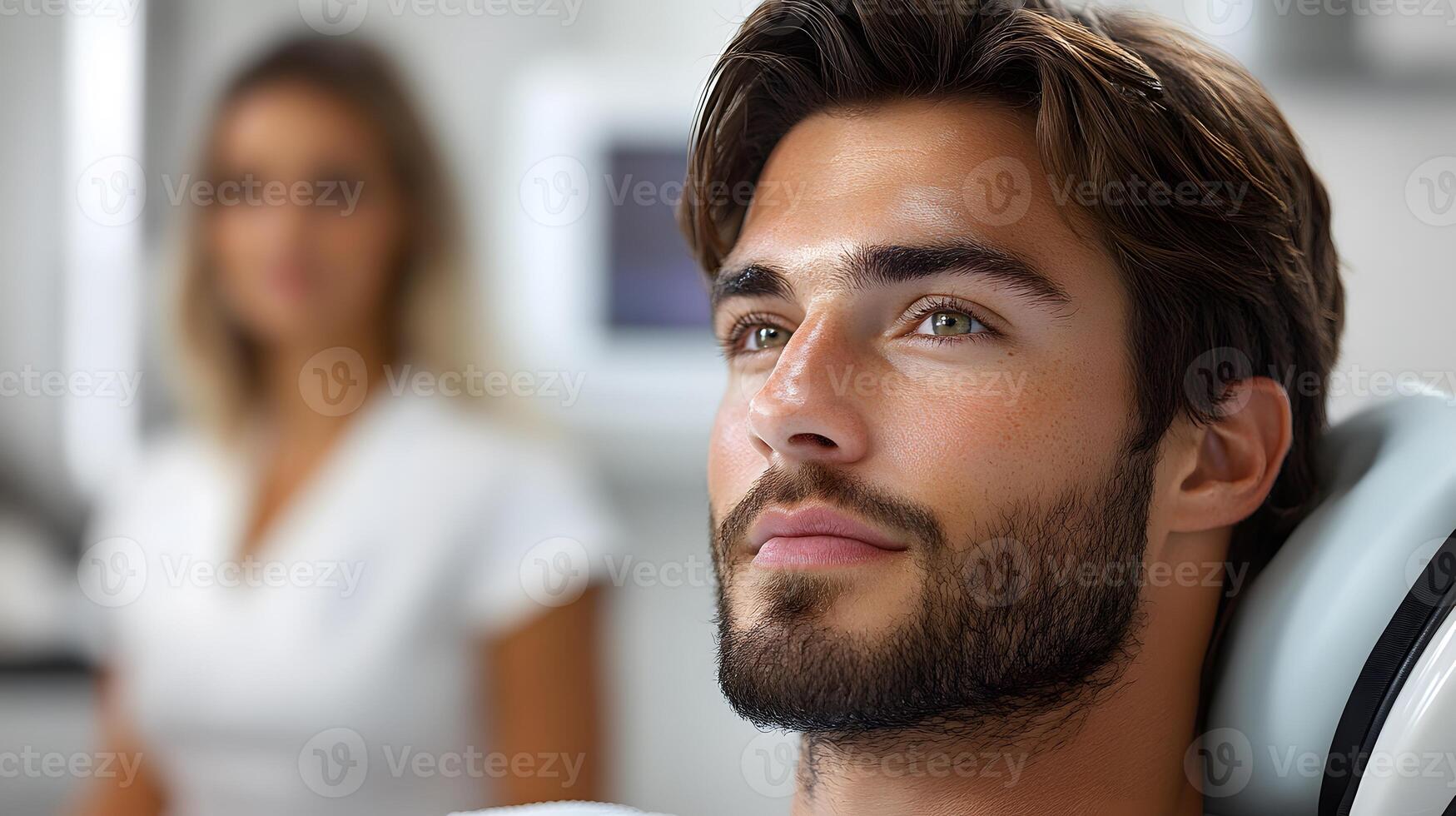 Close-up of a man undergoing a laser hair removal procedure on his chest, soft focus background, room for messaging. photo