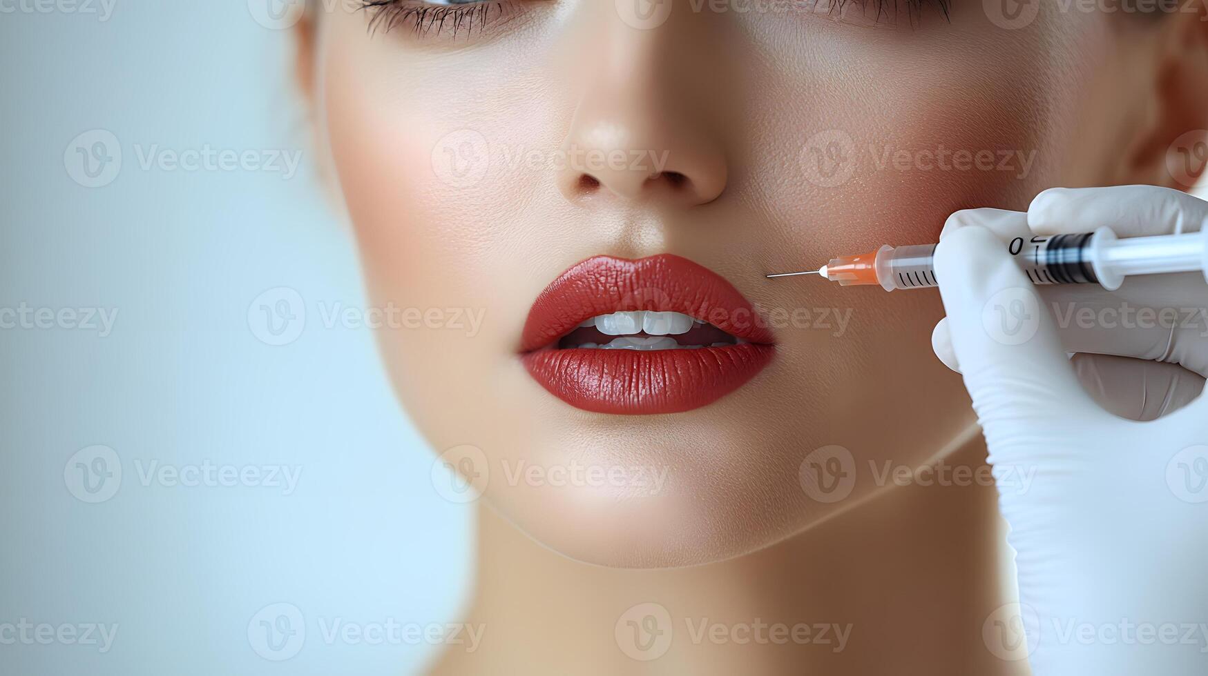 Close-up of a womans face with Botox injection procedure, smooth skin, soft lighting, room for copy. photo