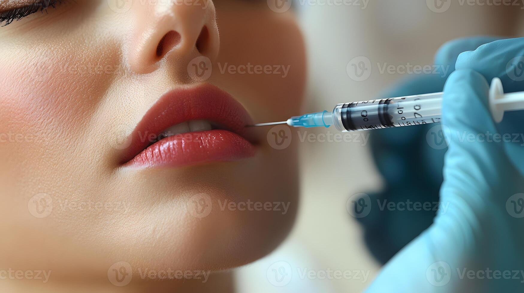 Close-up of a professional injecting Botox into the laugh lines of a womans face, soft lighting, clean background, room for text. photo