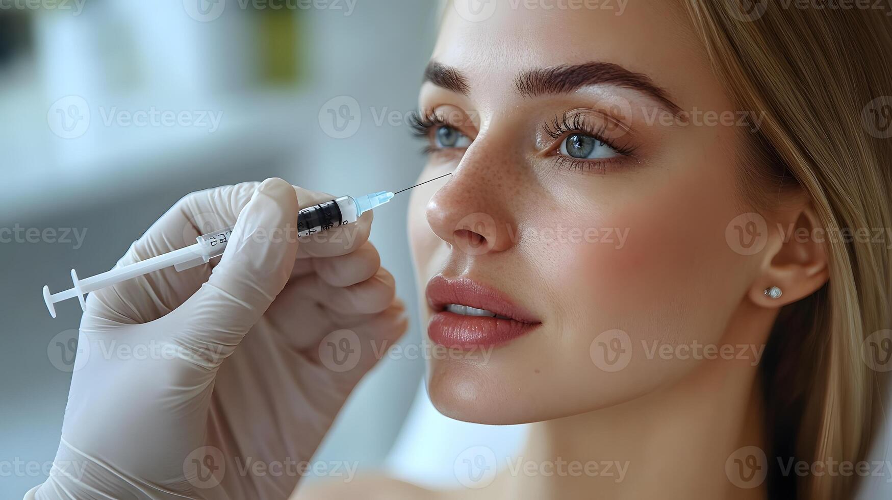 Close-up of a woman getting Botox for smile lines, clear background with space for messaging. photo