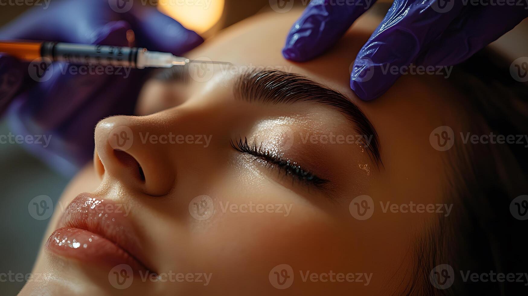 shot of Botox treatment being administered to a persons forehead, clear background with space for text. photo