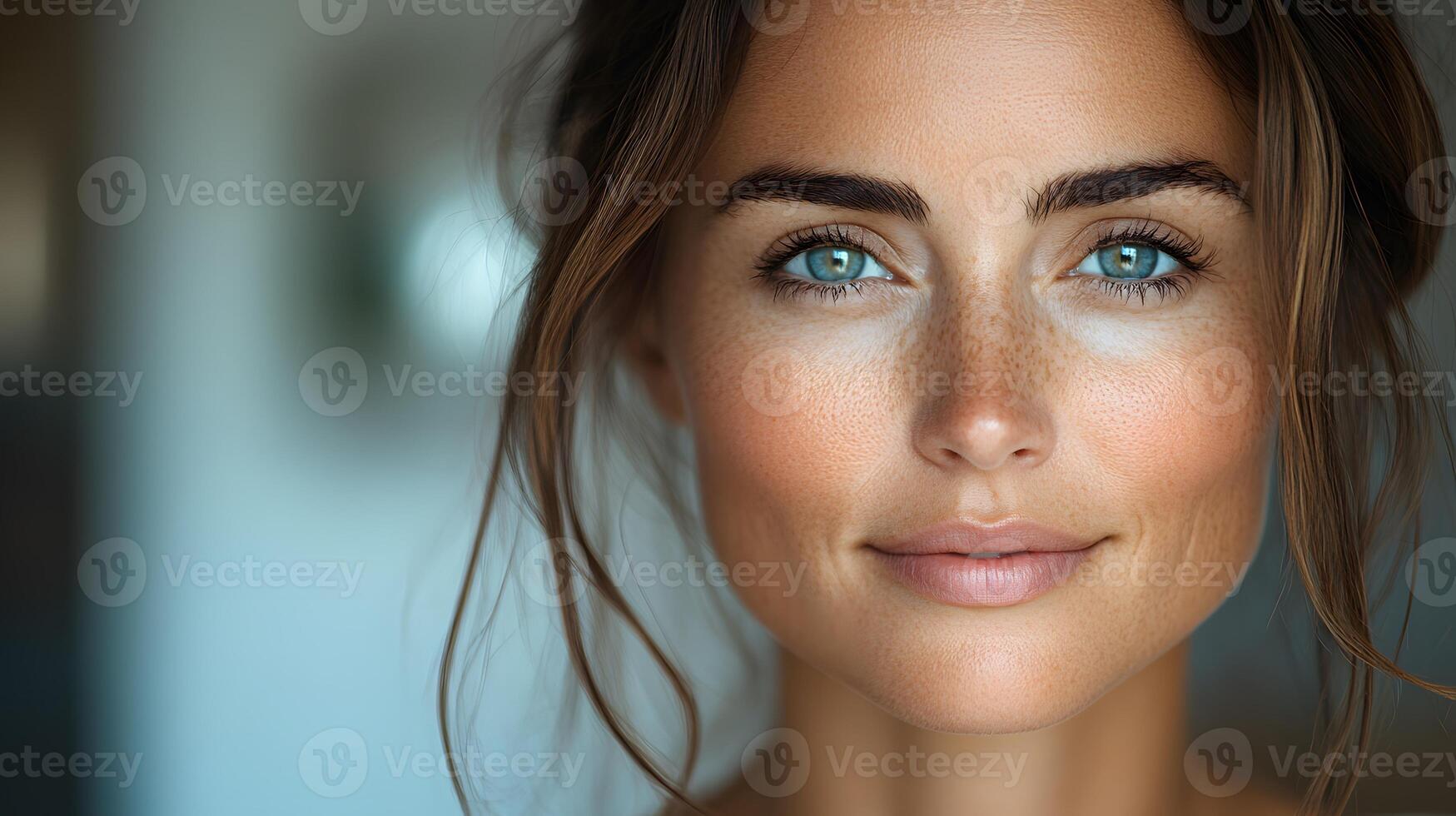 A woman smiling after a Botox treatment, showing rejuvenated skin, high-quality close-up with space for messaging. photo