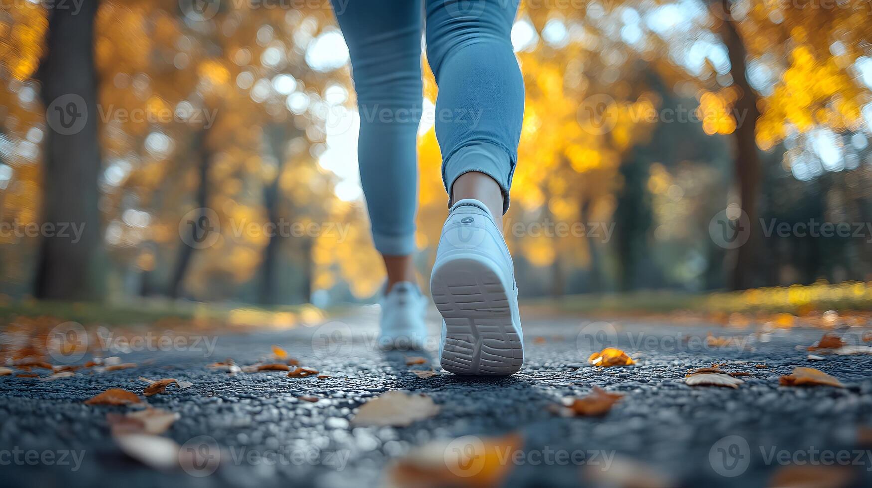 A wide-angle shot of a person wearing an insulin pump while walking in a park, with a neutral background and copy space. photo
