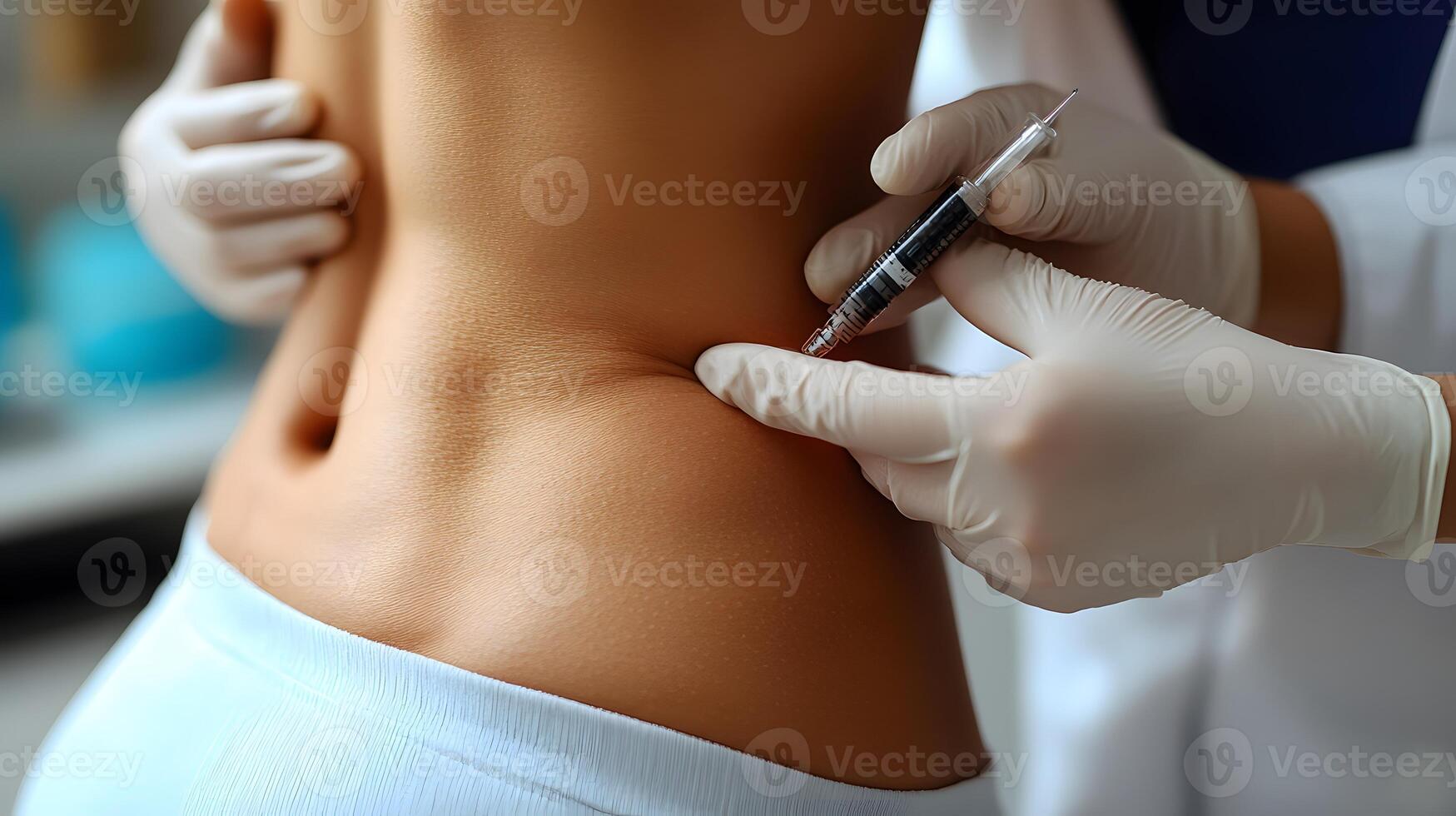 close up of person undergoing liposuction on the abdomen area, medical professional working in a clinical environment, ample space for messaging. photo