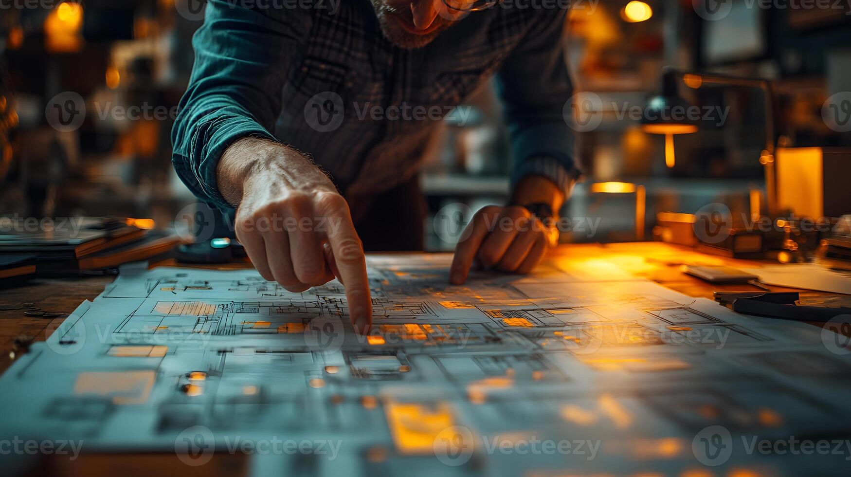 Creative hands pointing at storyboard sketches spread out on a table, teamwork concept, bright lighting. photo