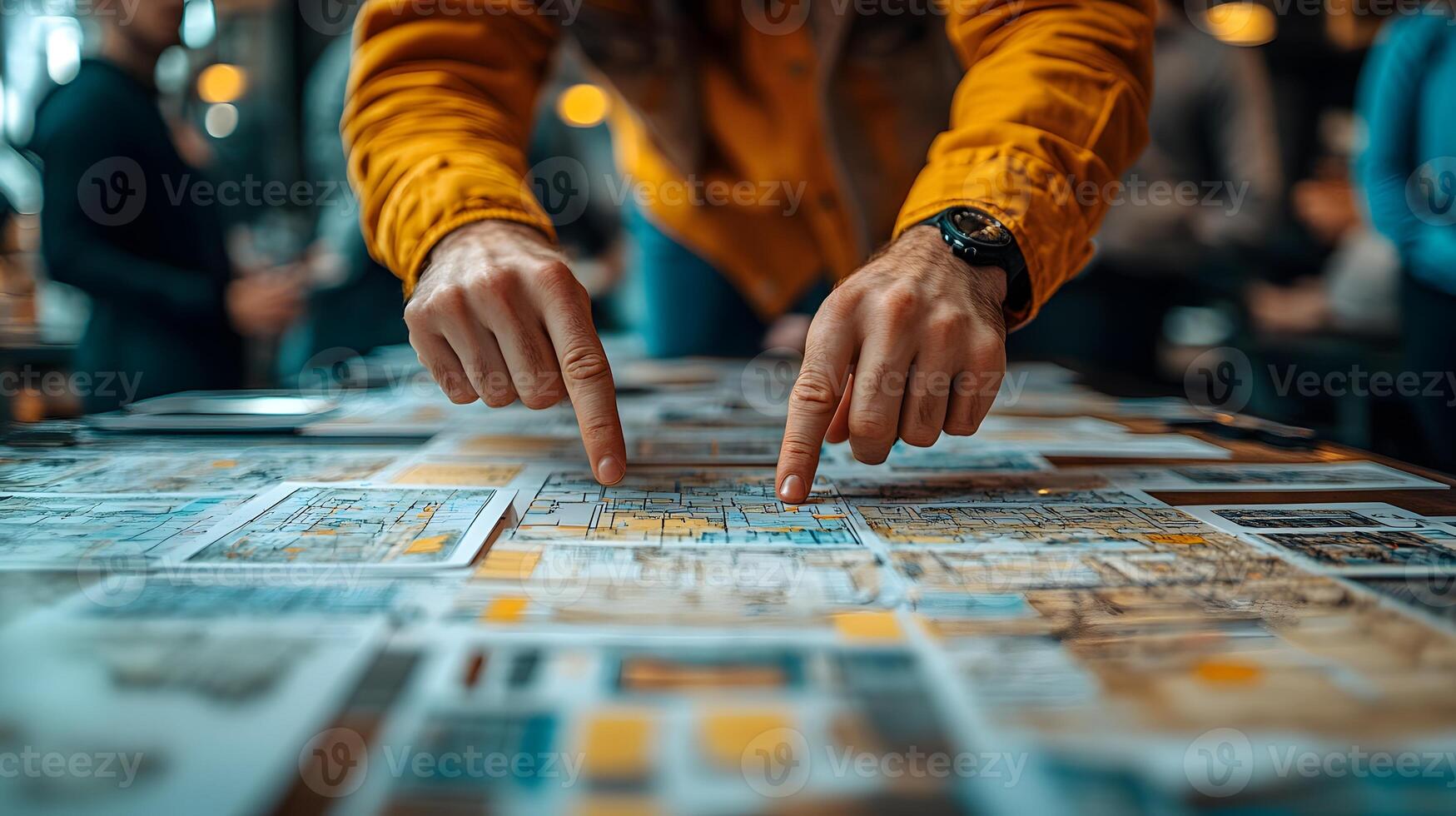 Creative hands pointing at storyboard sketches spread out on a table, teamwork concept. photo