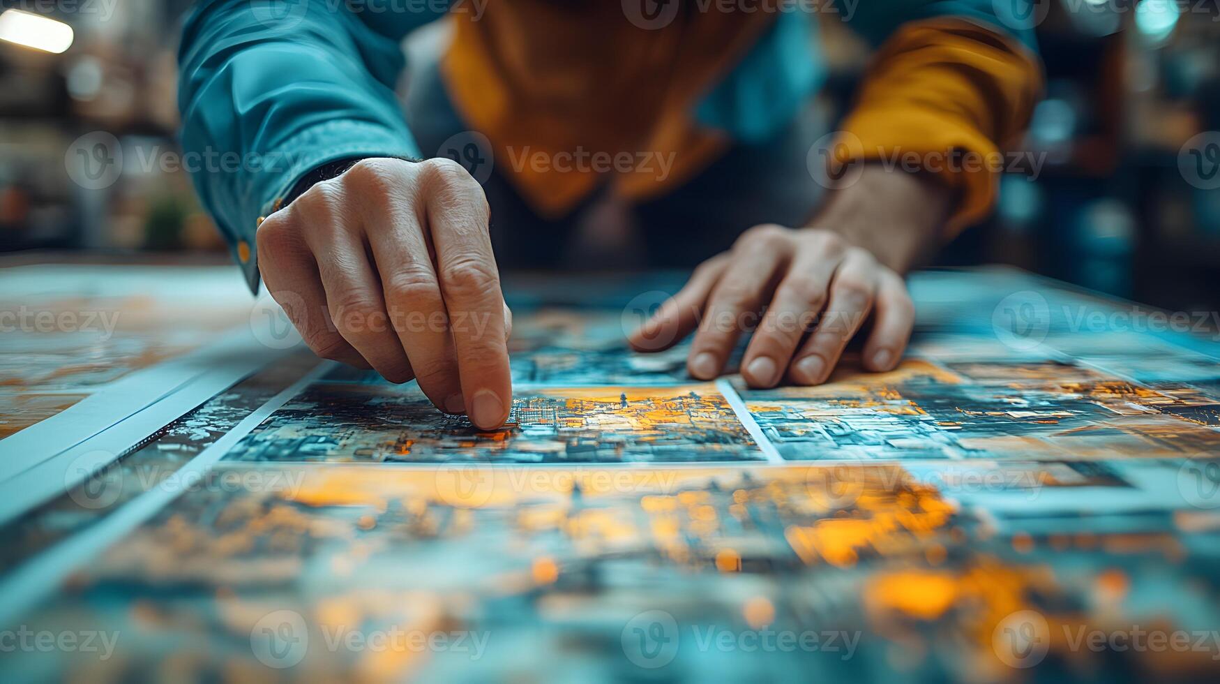 Overhead view of artists collaborating on storyboard sketches, hands interacting with prints photo