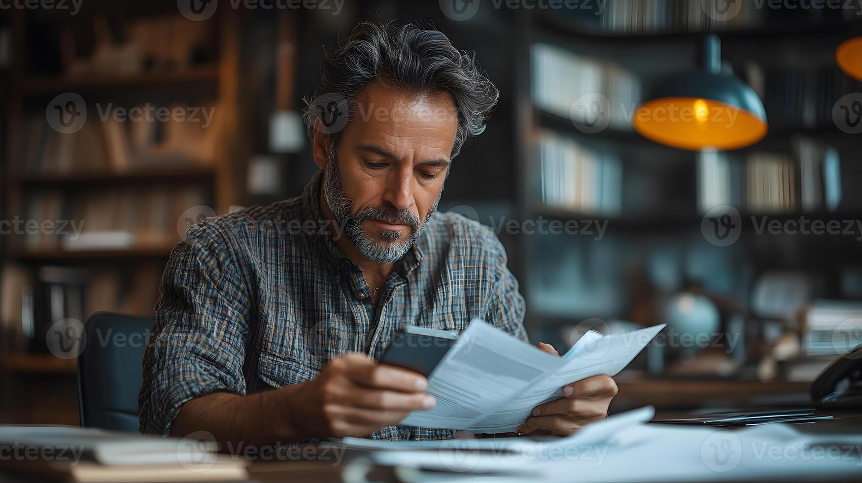Successful business professional in a contemporary office, multitasking with smartphone and documents, copy space photo