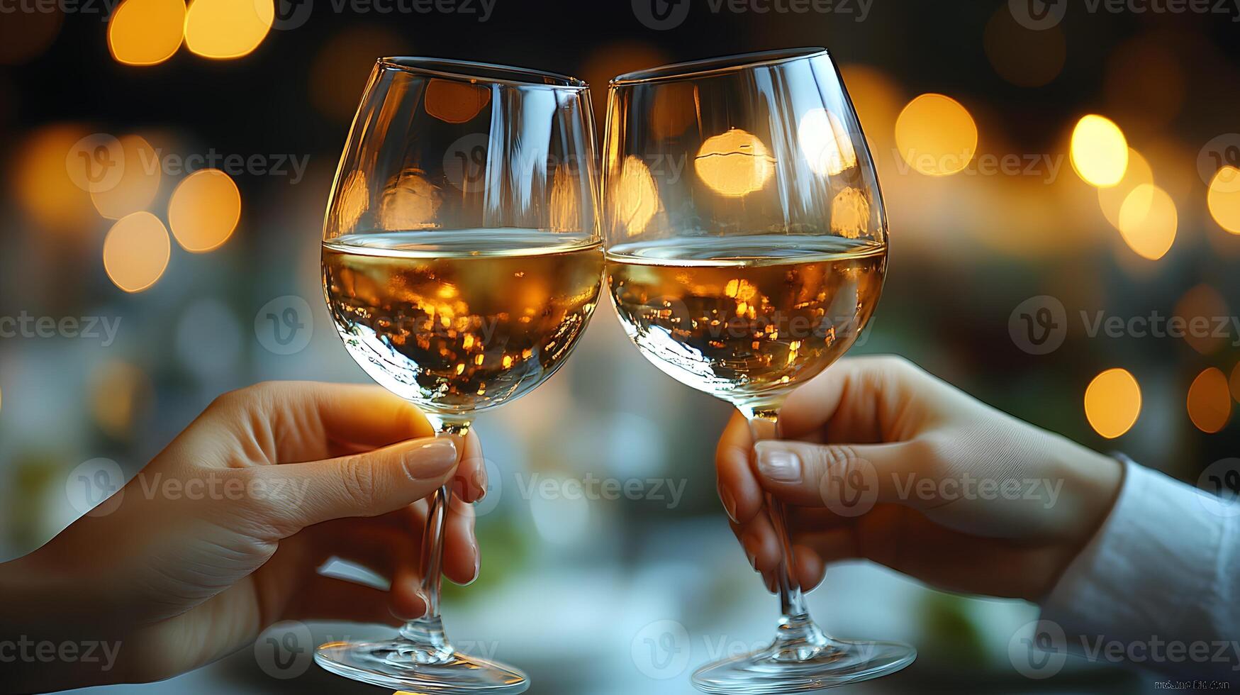 Romantic evening celebration with wine toast, hands holding glasses, dim soft lighting, copy space photo