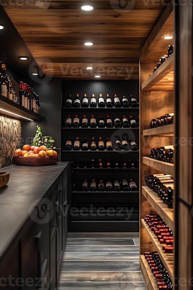 Modern wine cellar with sleek metal racks holding premium bottles, elegant contemporary lighting, copy space photo