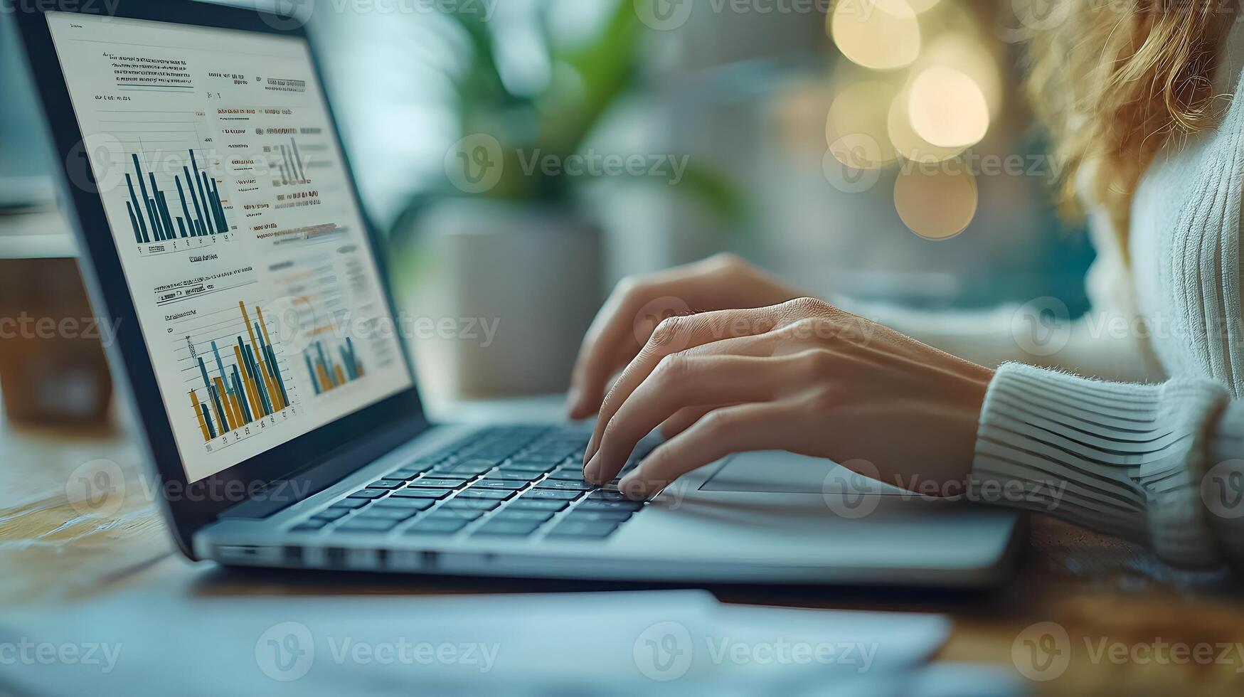 Close-up of hands typing on a laptop with paper documents containing financial trends, 8K high quality realistic, photo