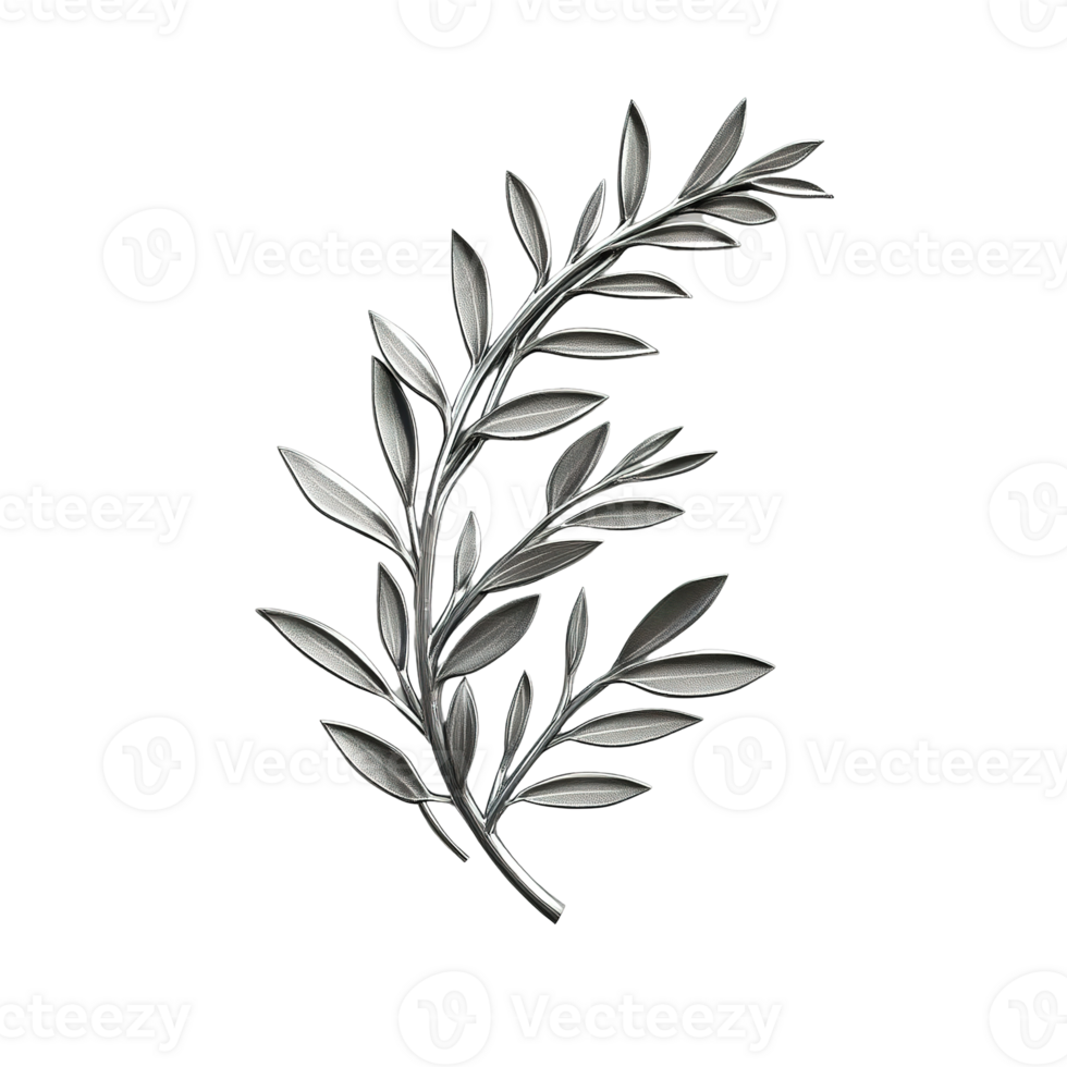 A shiny silver decorative branch with many small leaves present isolated on transparent background png