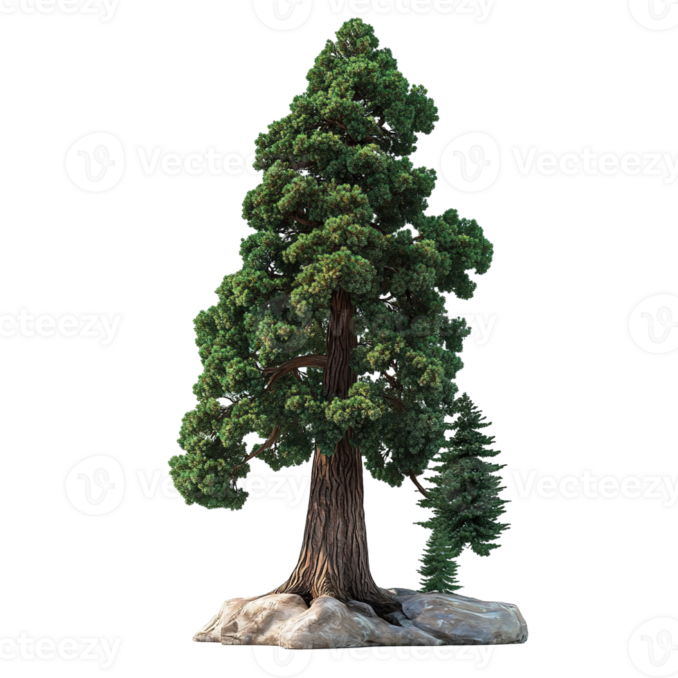 A tall green evergreen tree grows on top of gray rocks png