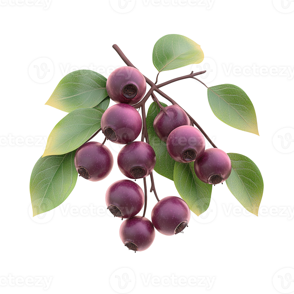 A cluster of dark purple fruit attached to green leaves png