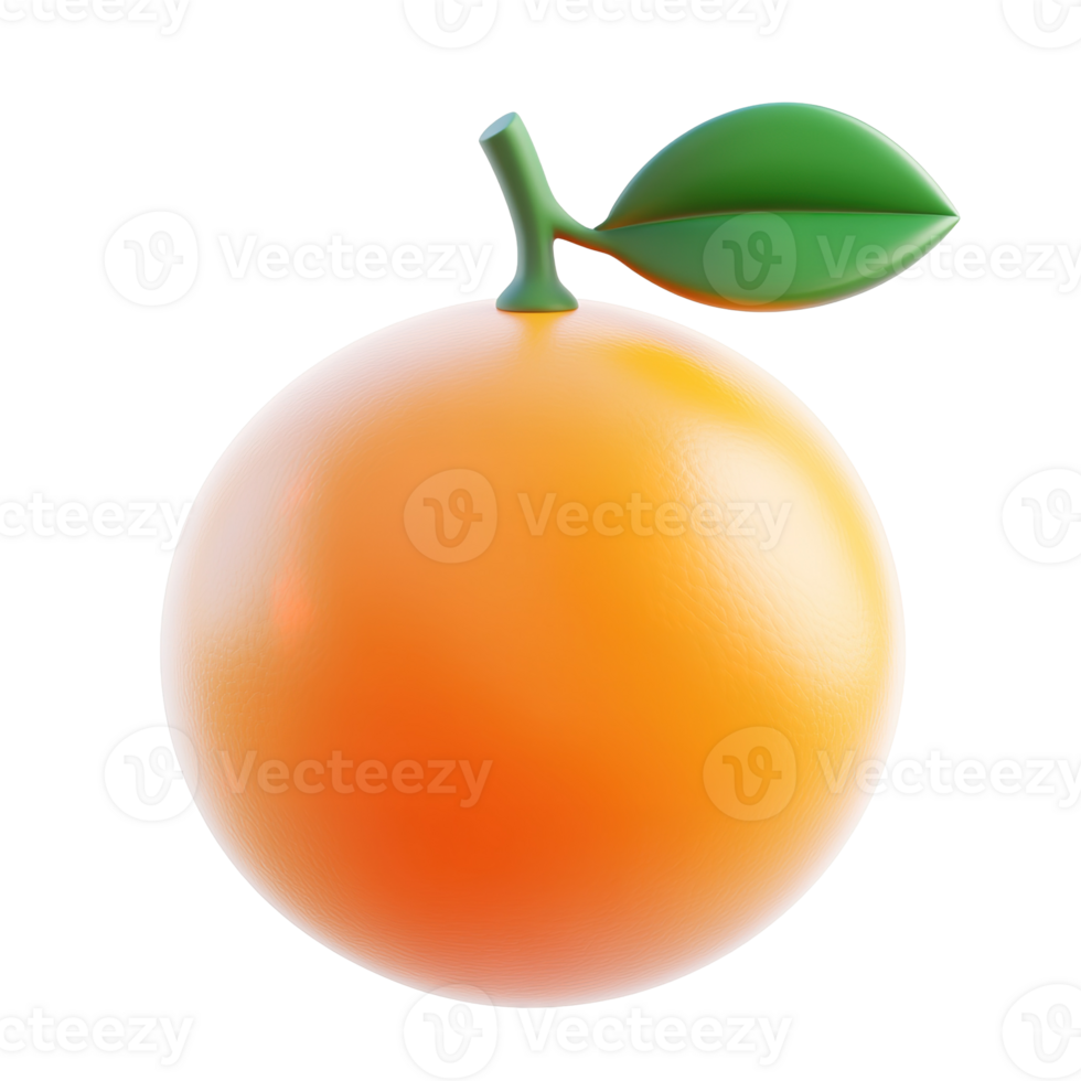 A three dimensional orange fruit with a green leaf attached png