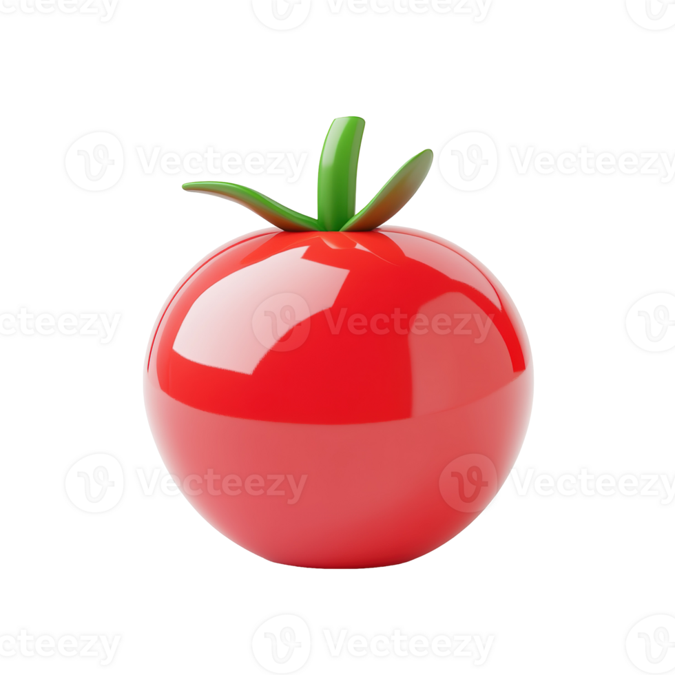 A shiny red tomato with green leaves isolated on transparent background png