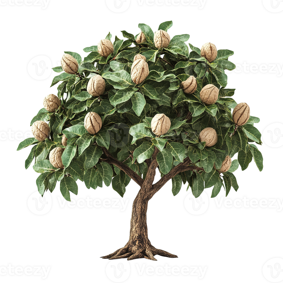 A rendered image of a tree with nuts growing on it isolated on transparent background png
