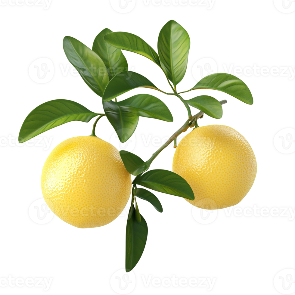 Two ripe lemons hanging from a vibrant green leafy branch png