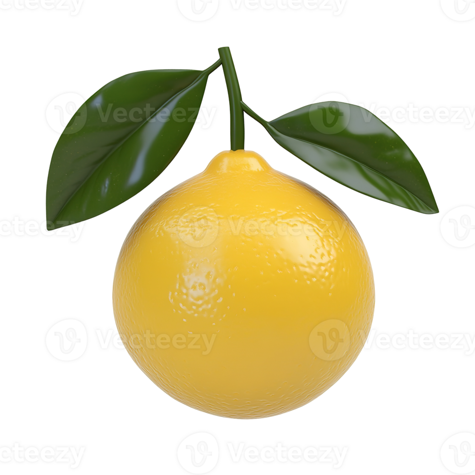 A single lemon with green leaves isolated on transparent background png
