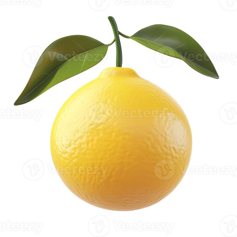 A single ripe lemon with green leaves isolated on transparent background png