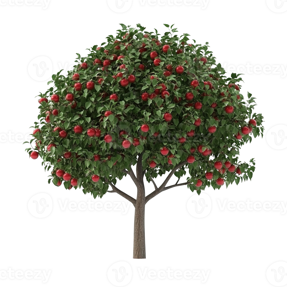 A large tree with red fruit and lots of green foliage isolated on transparent background png