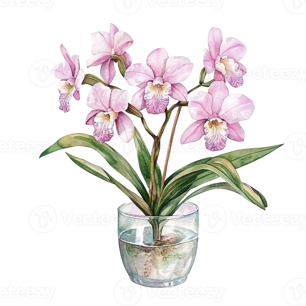 A beautiful watercolor painting of orchids in a glass container png