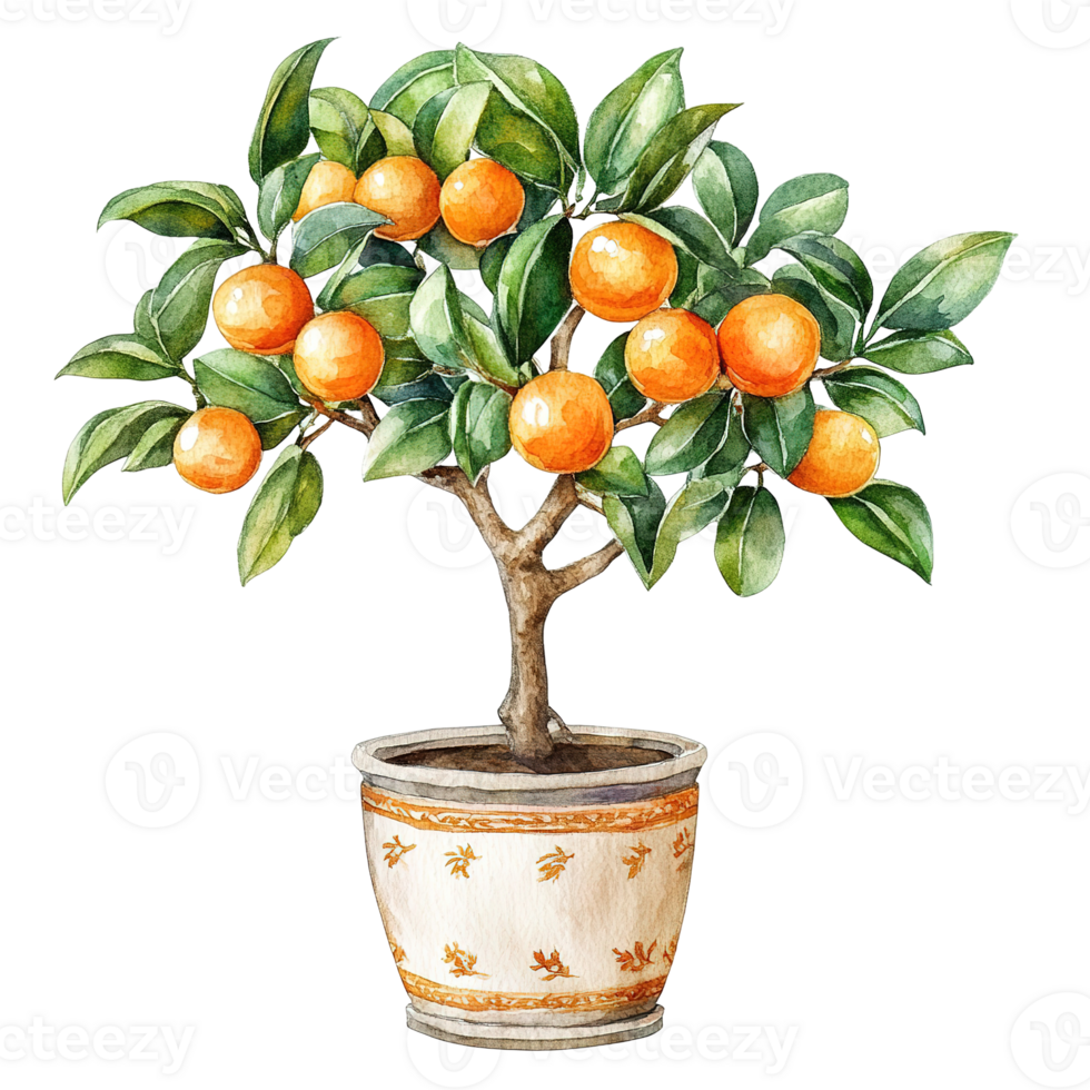 A watercolor illustration depicts a potted citrus tree with oranges png