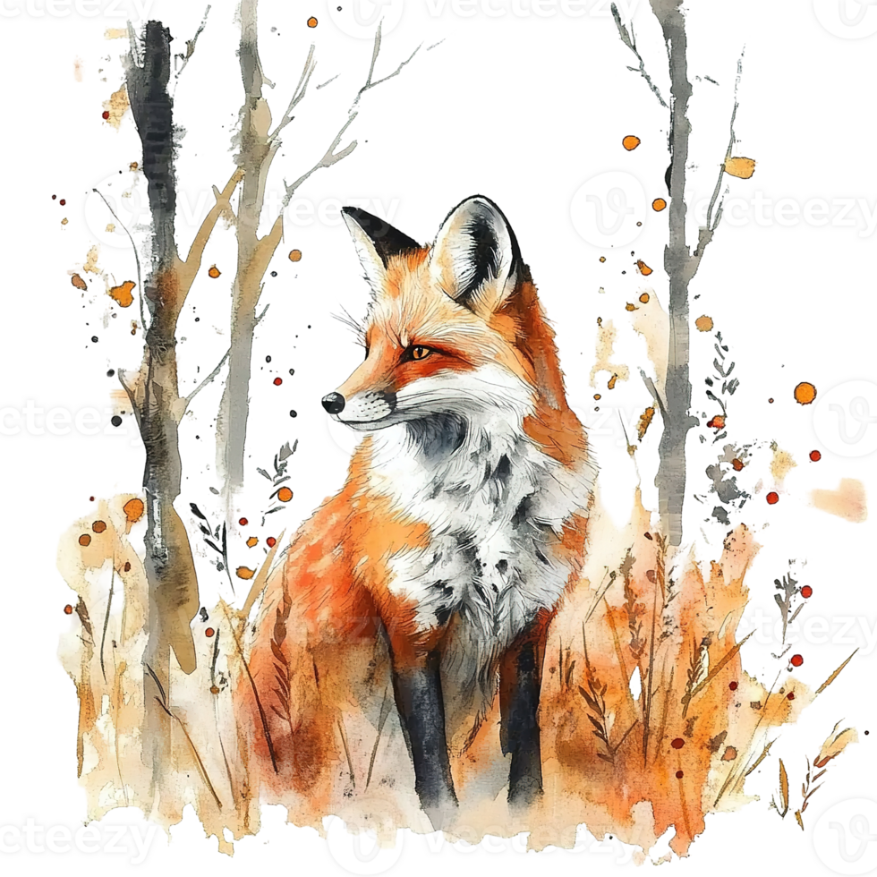 An artistic watercolor painting depicts a red fox in the wilderness png